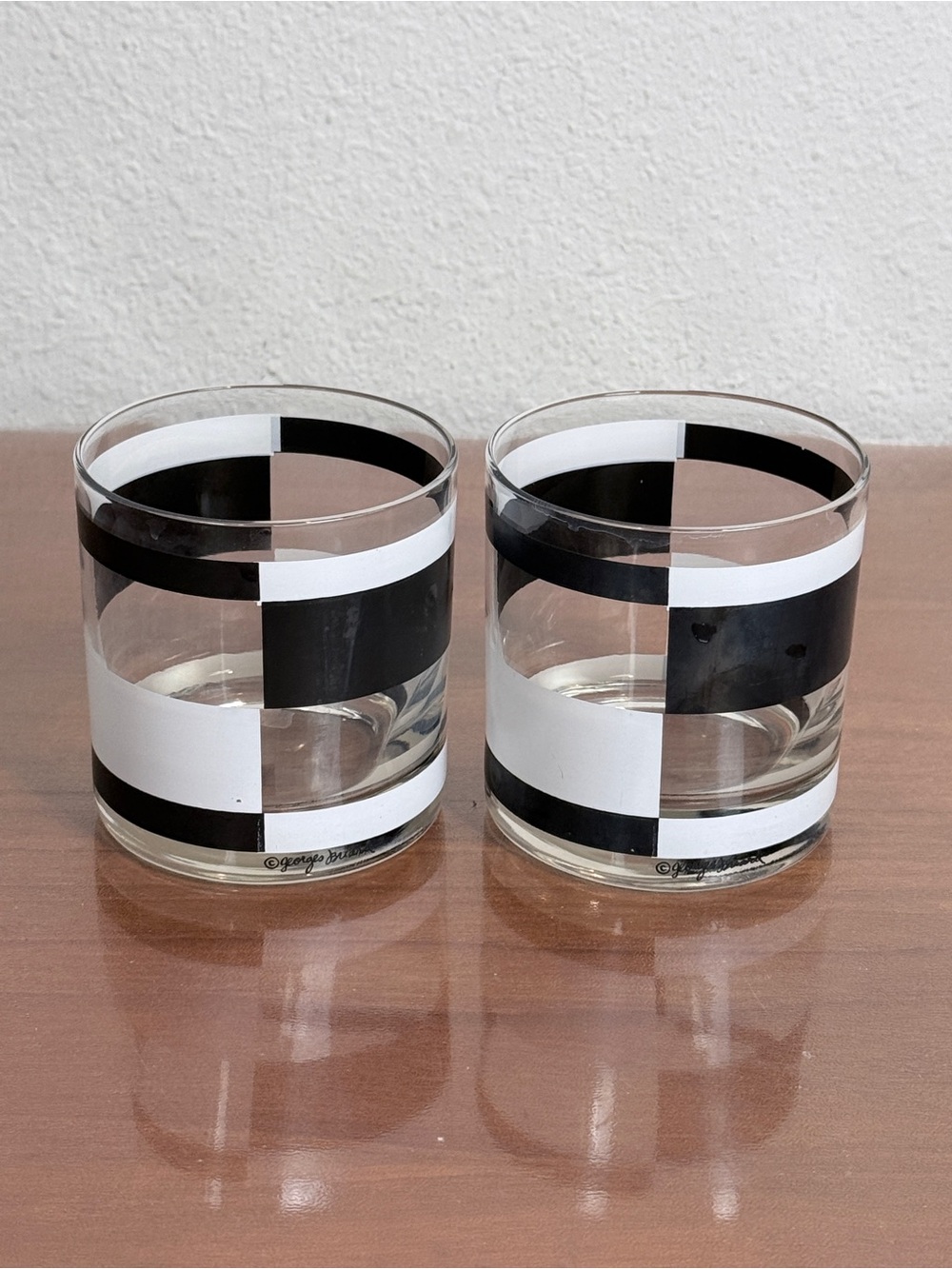 2 Vintage Georges Briard Black & White Geometric Rocks Lowball Glass Drinkware